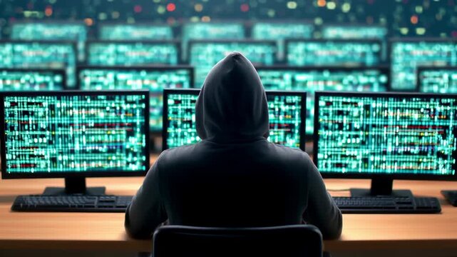 Hacker Silhouette in Dark Room with Glowing Screens and Digital Code Reflections