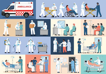 Diverse medical professionals providing patient care in various healthcare settings with an ambulance illustration