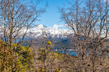 The Bonito River Waterfall, surrounded by forests and mountains, is a tourist attraction in Villa La Angostura, Argentina.