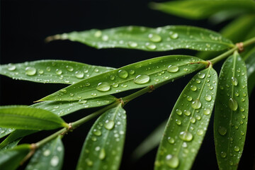 Fresh Green Bamboo Leaves Adorned with Raindrops on Dark Background