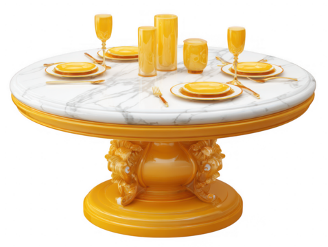 Ornate Dining Table Setting With Golden Accents isolated on a transparent background