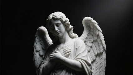 Solemn White Marble Angel Statue with Head Bowed in Sadness and Grief