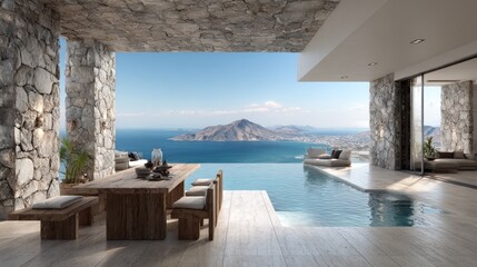 Fototapeta premium Luxury Infinity Pool Villa with Breathtaking Ocean and Island Views