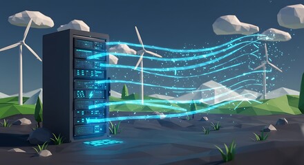 A conceptual low-poly illustration of a sustainable data center powered by renewable wind energy for green cloud computing services.