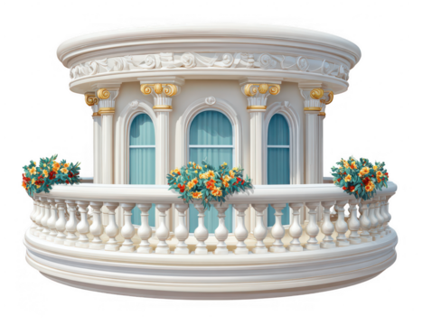 Ornate White Balcony With Flowers isolated on a transparent background classical