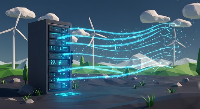 A conceptual low-poly illustration of a sustainable data center powered by renewable wind energy for green cloud computing services.