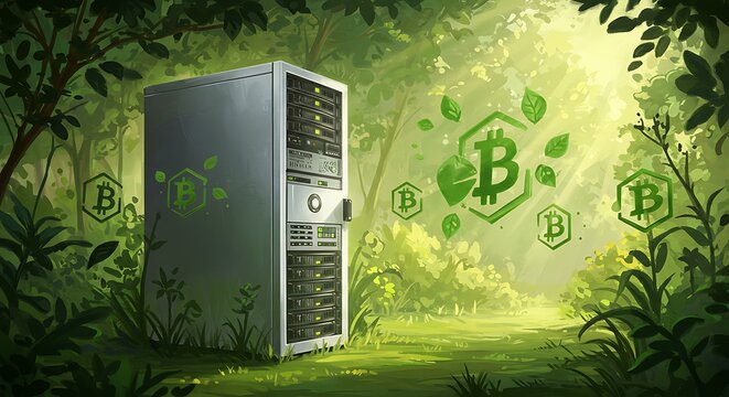 Green cryptocurrency mining server in a lush forest, symbolizing sustainable blockchain technology and eco-friendly digital finance. - Powered by Adobe