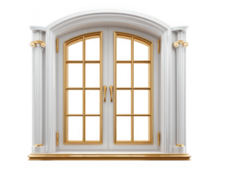 Ornate White French Window With Gold Trim isolated on a transparent background image