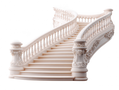 Ornate White Staircase With Balustrade isolated on a transparent background steps - Powered by Adobe
