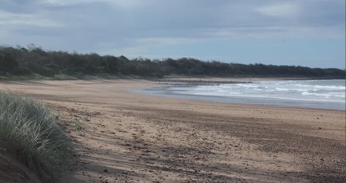 a slow motion panning clip of mon repos beach on a summer afternoon in bundaberg, australia