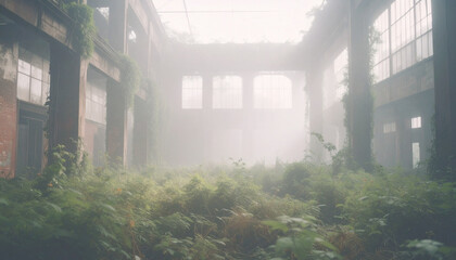 Old abandoned factory overgrown by vines, .  Generated Image