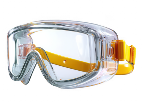 Protective clear safety goggles with yellow strap isolated on a transparent background