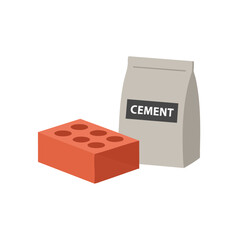 Obraz premium Vector illustration of brick and cement bag on white background, construction and materials concept