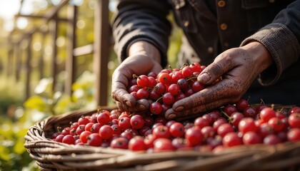 A farmer holding a handful of freshly picked red currants over a basket in a sunny outdoor setting