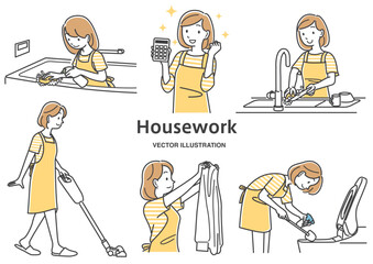 家事をする若い女性のイラストセット素材
