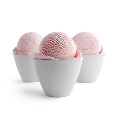 Three scoops of pink strawberry ice cream in bowls on a Transparent Background