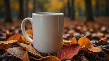 A close-up of a mug of coffee or cider resting on a pile of crisp fall leaves in vibrant hues of orange, yellow, and red, with blurred forest background suggesting a peaceful autumn walk.