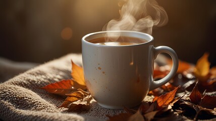A cozy ceramic mug filled with hot tea nestled among a bed of golden and red autumn leaves, with soft natural sunlight highlighting the textures of the foliage and steam rising gently from the drink.