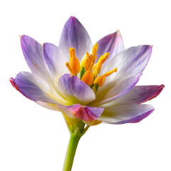 Fototapeta premium Delicate purple and white flower with yellow stamens against black image, Isolated On White, Png Transparent, Cut Out