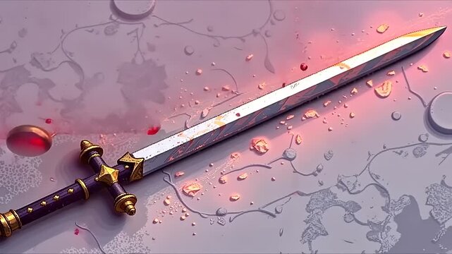 Bloody Sword Animation with Red Droplets and Stylized Background Sequence