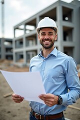 A confident male architect holding blueprint outside construction site, steel frames in background, daylight setting