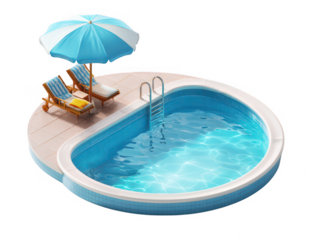 Swimming pool with lounge chairs and umbrella isolated on a transparent background