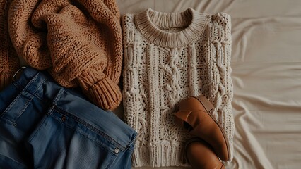 A cozy autumn outfit flat lay featuring a chunky knit sweater paired with classic blue jeans, laid out on a neutral-toned bedspread with ankle boots, a beanie, and a cup of coffee nearby.