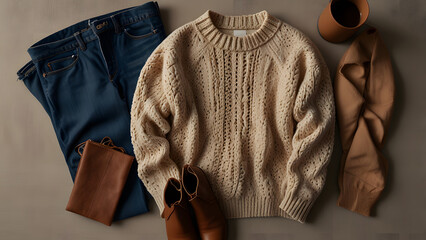 A cozy autumn outfit flat lay featuring a chunky knit sweater paired with classic blue jeans, laid out on a neutral-toned bedspread with ankle boots, a beanie, and a cup of coffee nearby.