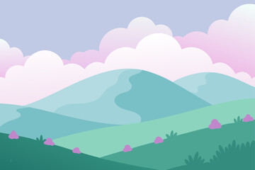 Fototapeta premium Pastel colored rolling hills and clouds in a flat design style