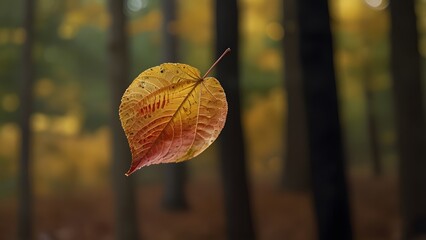A close-up of a single autumn leaf mid-air as it gently falls, its edges curled and colors transitioning from deep red to golden yellow, with a softly blurred forest background capturing the motion an