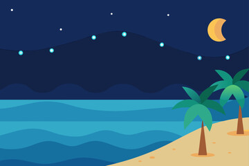 Tropical beach at night with crescent moon and string lights