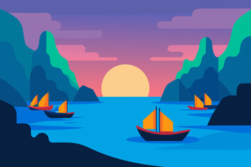 Naklejka premium Sailboats on the water at sunset with mountains in the background