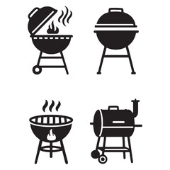 Outdoor Cooking Charcoal Grill Black and White Illustration Graphics Set