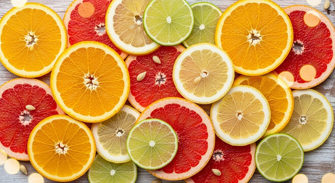 Sliced citrus fruits on a light wooden board, bokeh effect background