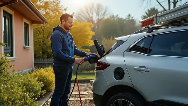 Charging Electric Vehicle at Home on a Sunny Day: Sustainable Transportation