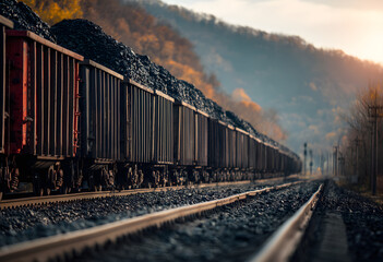 Obraz premium Freight train cars are loaded with black coal on a sunny day in a rural setting