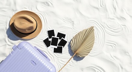 Overhead view of vacation essentials on white textured background, Preparing for a tropical escape with a hat, suitcase, photos and a dried palm leaf