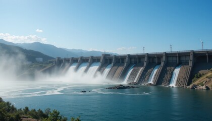 Fototapeta premium Majestic Dam and River Landscape: A Stunning View of Hydroelectric Power