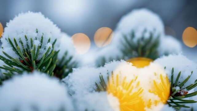 Magical winter scene featuring snow-covered fir tree branches and bokeh lights