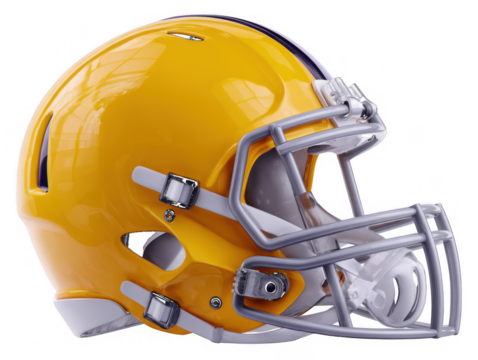 Yellow football helmet with grey facemask isolated on a transparent background sports