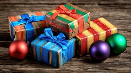 Colorful wrapped gift boxes with ribbons and shiny Christmas ornaments on wooden surface