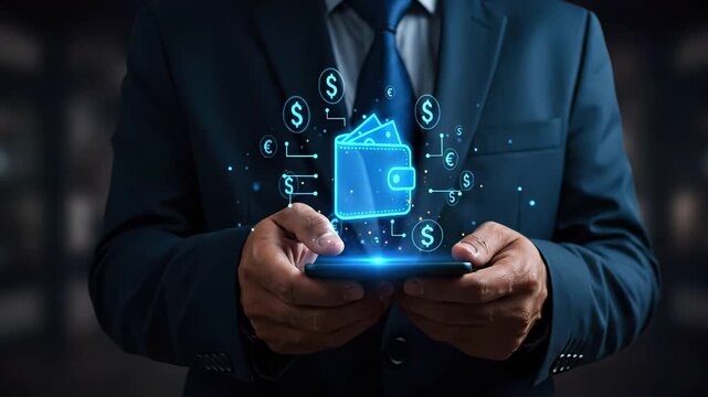 Businessman using digital tablet with glowing wallet icon and currency symbols representing financial technology. Concept of digital wallet, global payments and fintech innovation
