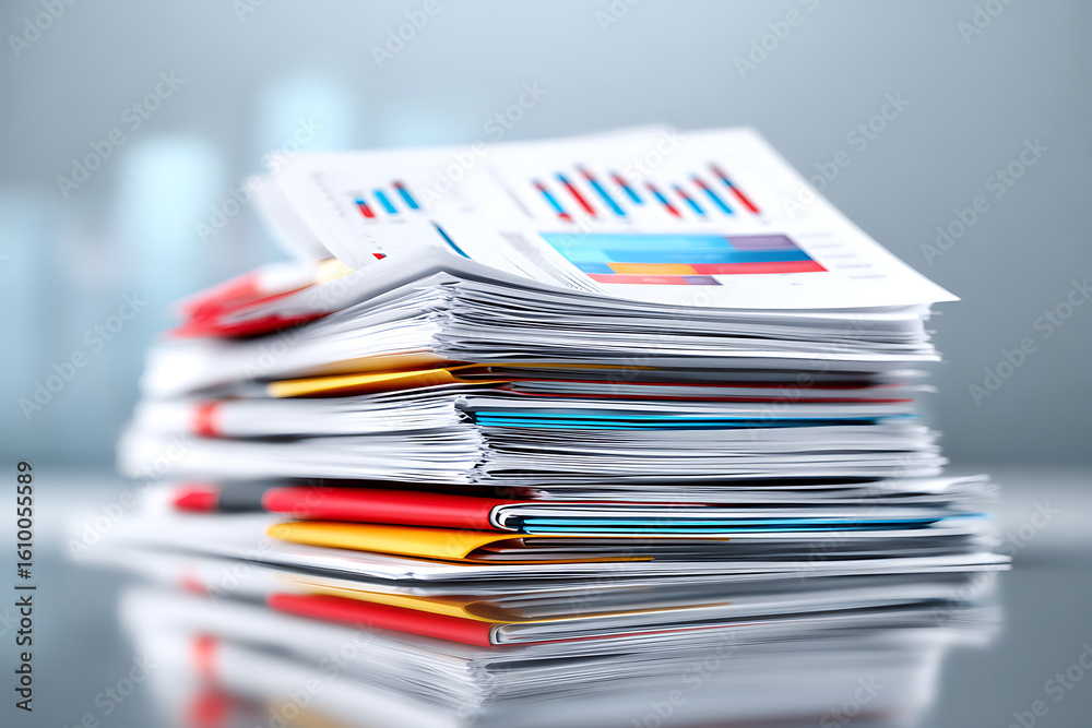 Poster stack of organized documents and reports reflecting business data analysis in an office environment 