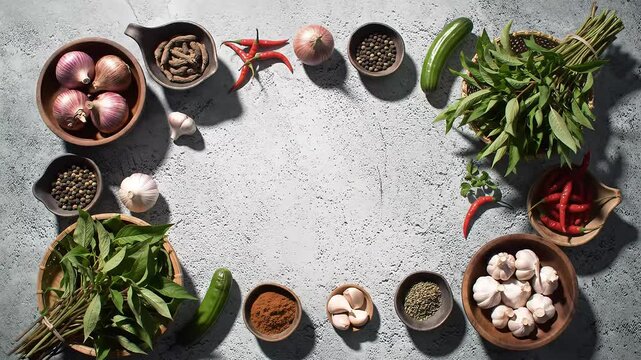 Fresh Asian ingredients arranged on a rustic, colorful stone surface. Generative AI
