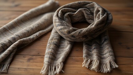 A close-up of a folded wool scarf in neutral tones—beige, gray, and cream—showing its soft, fluffy texture and subtle plaid pattern, styled on a wooden surface with a steaming cup of tea nearby.