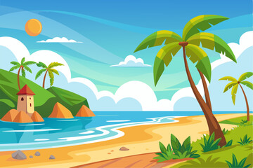 This scenic coastal landscape features a tranquil shoreline surrounded by greenery and distant mountains, perfect for vacation, travel, and summer-themed designs. Ideal for web, print, or social media