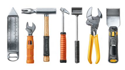 Assorted metal tools with orange and black handles isolated on a transparent background