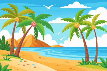 This scenic coastal landscape features a tranquil shoreline surrounded by greenery and distant mountains, perfect for vacation, travel, and summer-themed designs. Ideal for web, print, or social media