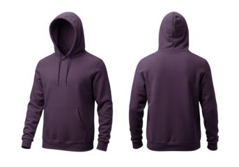 Purple hooded sweatshirt front and back isolated on transparent background