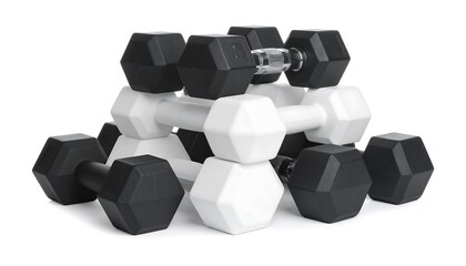 Stacked black and white dumbbells